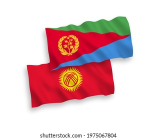 National vector fabric wave flags of Eritrea and Kyrgyzstan isolated on white background. 1 to 2 proportion.