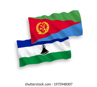 National vector fabric wave flags of Eritrea and Lesotho isolated on white background. 1 to 2 proportion.3D