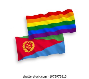 National vector fabric wave flags of Eritrea and Rainbow gay pride isolated on white background. 1 to 2 proportion.3D