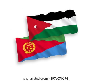 National vector fabric wave flags of Eritrea and Hashemite Kingdom of Jordan isolated on white background. 1 to 2 proportion.3D