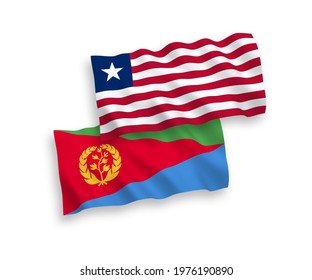 National vector fabric wave flags of Eritrea and Liberia isolated on white background. 1 to 2 proportion.3D