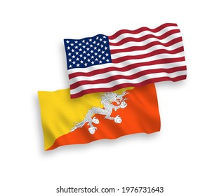 National vector fabric wave flags of Kingdom of Bhutan and USA isolated on white background. 1 to 2 proportion.