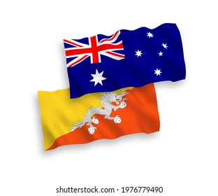 National vector fabric wave flags of Australia and Kingdom of Bhutan isolated on white background. 1 to 2 proportion.