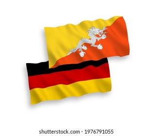 National vector fabric wave flags of Germany and Kingdom of Bhutan isolated on white background. 1 to 2 proportion.