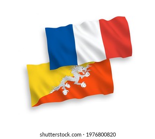 National vector fabric wave flags of France and Kingdom of Bhutan isolated on white background. 1 to 2 proportion.