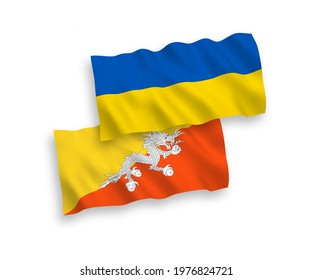 National vector fabric wave flags of Kingdom of Bhutan and Ukraine isolated on white background. 1 to 2 proportion.