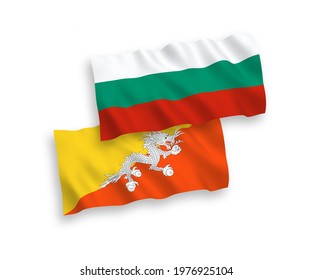 National vector fabric wave flags of Bulgaria and Kingdom of Bhutan isolated on white background. 1 to 2 proportion.