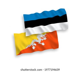 National vector fabric wave flags of Estonia and Kingdom of Bhutan isolated on white background. 1 to 2 proportion.