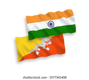 National vector fabric wave flags of India and Kingdom of Bhutan isolated on white background. 1 to 2 proportion.