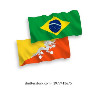 National vector fabric wave flags of Brazil and Kingdom of Bhutan isolated on white background. 1 to 2 proportion.