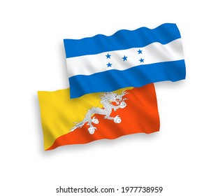 National vector fabric wave flags of Kingdom of Bhutan and Honduras isolated on white background. 1 to 2 proportion.