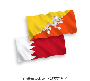National vector fabric wave flags of Kingdom of Bhutan and Bahrain isolated on white background. 1 to 2 proportion.