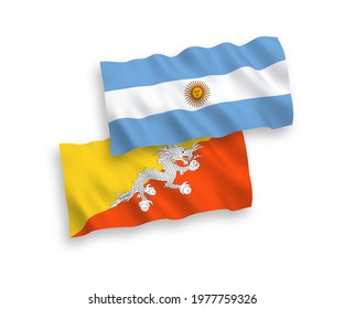 National vector fabric wave flags of Kingdom of Bhutan and Argentina isolated on white background. 1 to 2 proportion.