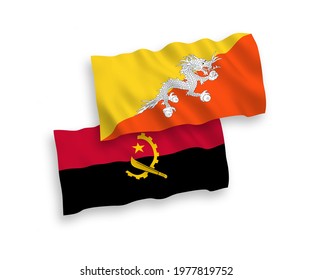 National vector fabric wave flags of Kingdom of Bhutan and Angola isolated on white background. 1 to 2 proportion.