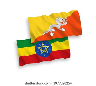 National vector fabric wave flags of Kingdom of Bhutan and Ethiopia isolated on white background. 1 to 2 proportion.