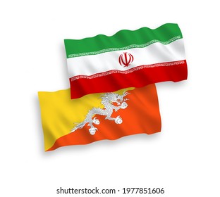 National vector fabric wave flags of Kingdom of Bhutan and Iran isolated on white background. 1 to 2 proportion.