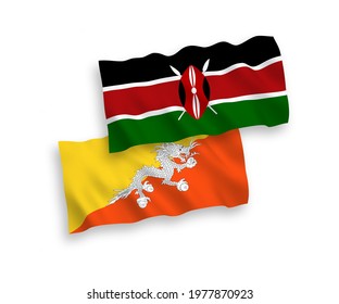 National vector fabric wave flags of Kingdom of Bhutan and Kenya isolated on white background. 1 to 2 proportion.
