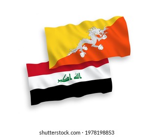National vector fabric wave flags of Kingdom of Bhutan and Iraq isolated on white background. 1 to 2 proportion.