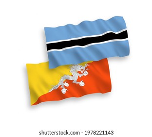 National vector fabric wave flags of Kingdom of Bhutan and Botswana isolated on white background. 1 to 2 proportion.
