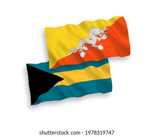 National vector fabric wave flags of Kingdom of Bhutan and Commonwealth of The Bahamas isolated on white background. 1 to 2 proportion.