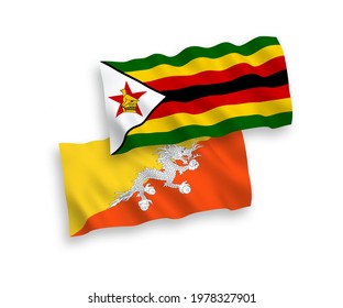 National vector fabric wave flags of Kingdom of Bhutan and Zimbabwe isolated on white background. 1 to 2 proportion.