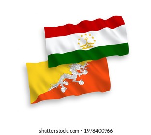 National vector fabric wave flags of Kingdom of Bhutan and Tajikistan isolated on white background. 1 to 2 proportion.