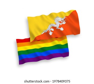 National vector fabric wave flags of Kingdom of Bhutan and Rainbow gay pride isolated on white background. 1 to 2 proportion.