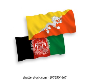 National vector fabric wave flags of Kingdom of Bhutan and Islamic Republic of Afghanistan isolated on white background. 1 to 2 proportion.