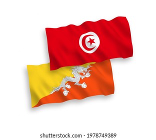 National vector fabric wave flags of Kingdom of Bhutan and Republic of Tunisia isolated on white background. 1 to 2 proportion.