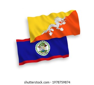 National vector fabric wave flags of Kingdom of Bhutan and Belize isolated on white background. 1 to 2 proportion.