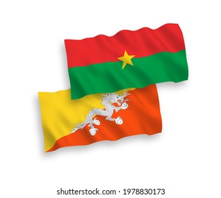 National vector fabric wave flags of Kingdom of Bhutan and Burkina Faso isolated on white background. 1 to 2 proportion.