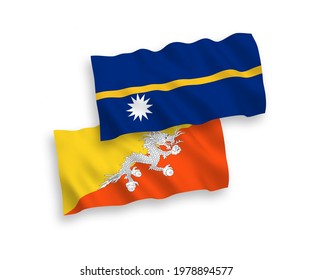 National vector fabric wave flags of Kingdom of Bhutan and Republic of Nauru isolated on white background. 1 to 2 proportion.