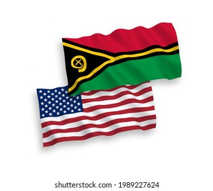 National vector fabric wave flags of Republic of Vanuatu and USA isolated on white background. 1 to 2 proportion.