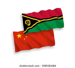National vector fabric wave flags of Republic of Vanuatu and China isolated on white background 1 to 2 proportion.