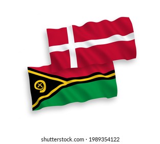 National vector fabric wave flags of Denmark and Republic of Vanuatu isolated on white background. 1 to 2 proportion.