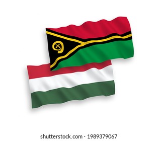 National vector fabric wave flags of Republic of Vanuatu and Hungary isolated on white background. 1 to 2 proportion.