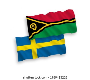 National vector fabric wave flags of Sweden and Republic of Vanuatu isolated on white background. 1 to 2 proportion.