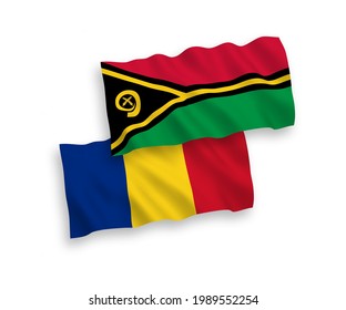 Banderas de olas de tela vectorial nacional de Rumania y la República de Vanuatu aisladas en fondo blanco. de 1 a 2.