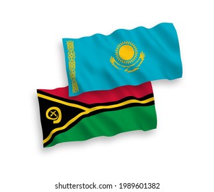 National vector fabric wave flags of Kazakhstan and Republic of Vanuatu isolated on white background. 1 to 2 proportion.