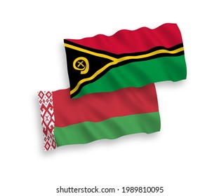 National vector fabric wave flags of Republic of Vanuatu and Belarus isolated on white background. 1 to 2 proportion.