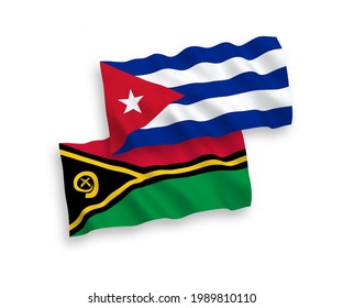 National vector fabric wave flags of Republic of Vanuatu and Cuba isolated on white background. 1 to 2 proportion.