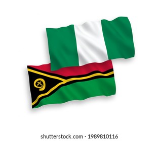 National vector fabric wave flags of Republic of Vanuatu and Nigeria isolated on white background. 1 to 2 proportion.