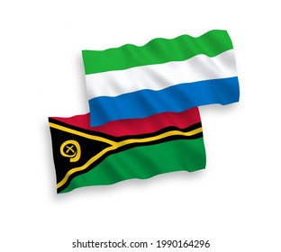 National vector fabric wave flags of Republic of Vanuatu and Sierra Leone isolated on white background. 1 to 2 proportion.