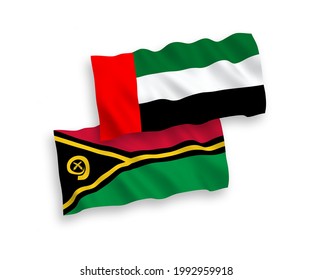 National vector fabric wave flags of Republic of Vanuatu and United Arab Emirates isolated on white background. 1 to 2 proportion.