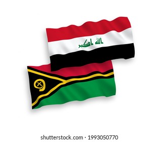 Banderas de ondulación de tela vectorial nacional de la República de Vanuatu y el Iraq aisladas sobre fondo blanco. de 1 a 2.