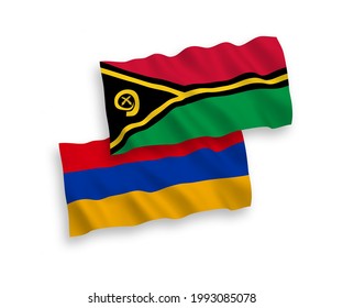 National vector fabric wave flags of Republic of Vanuatu and Armenia isolated on white background. 1 to 2 proportion.