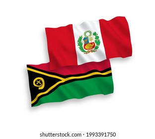 National vector fabric wave flags of Republic of Vanuatu and Peru isolated on white background. 1 to 2 proportion.