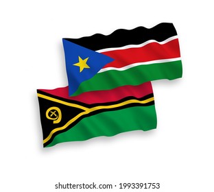 National vector fabric wave flags of Republic of Vanuatu and Republic of South Sudan isolated on white background. 1 to 2 proportion.