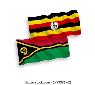 National vector fabric wave flags of Republic of Vanuatu and Uganda isolated on white background. 1 to 2 proportion.