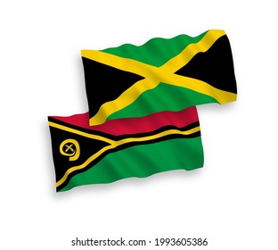 National vector fabric wave flags of Republic of Vanuatu and Jamaica isolated on white background. 1 to 2 proportion.